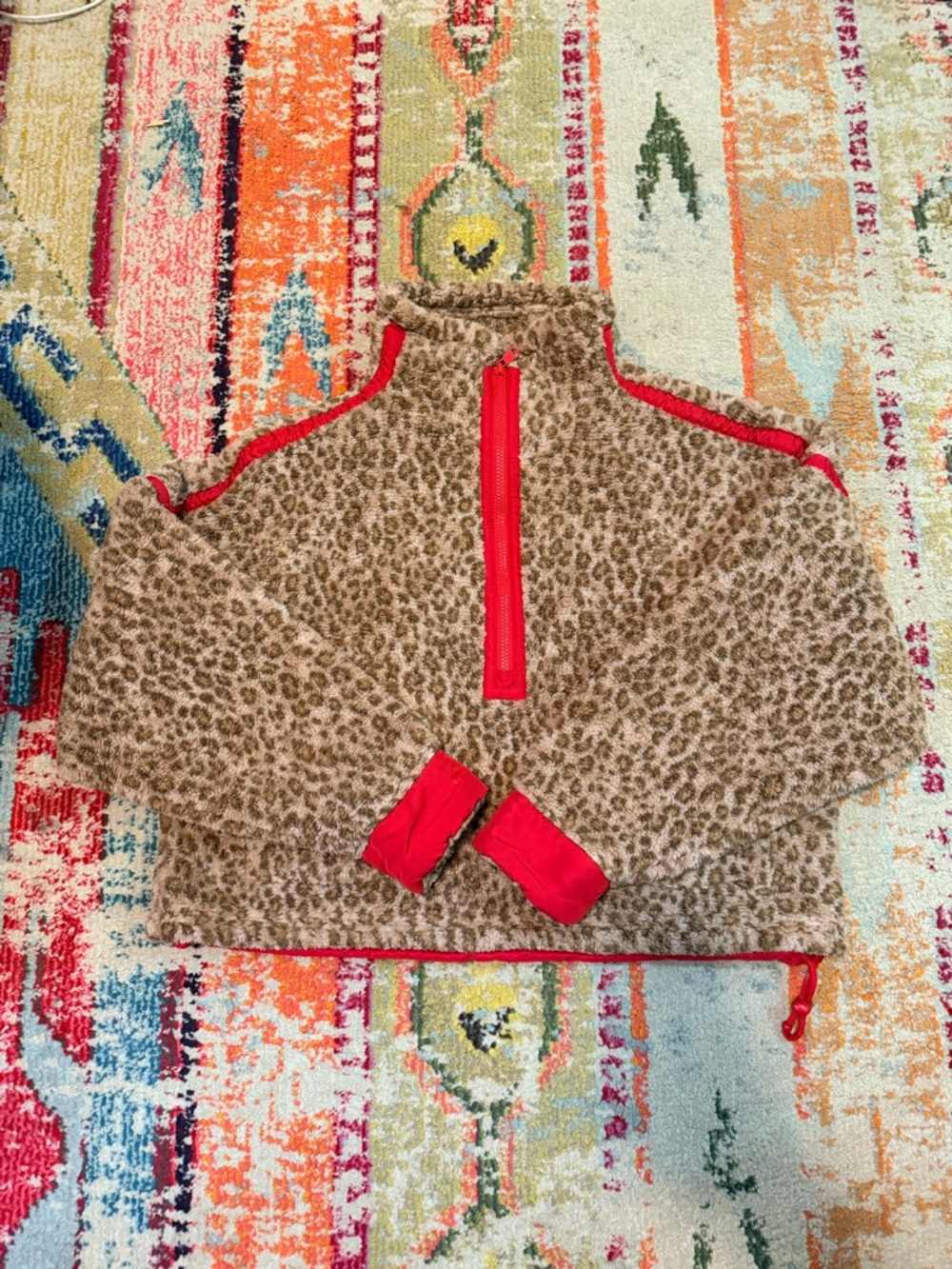 Women’s Leopard Print Fleece Pullover Jacket with Red Trim. Size M